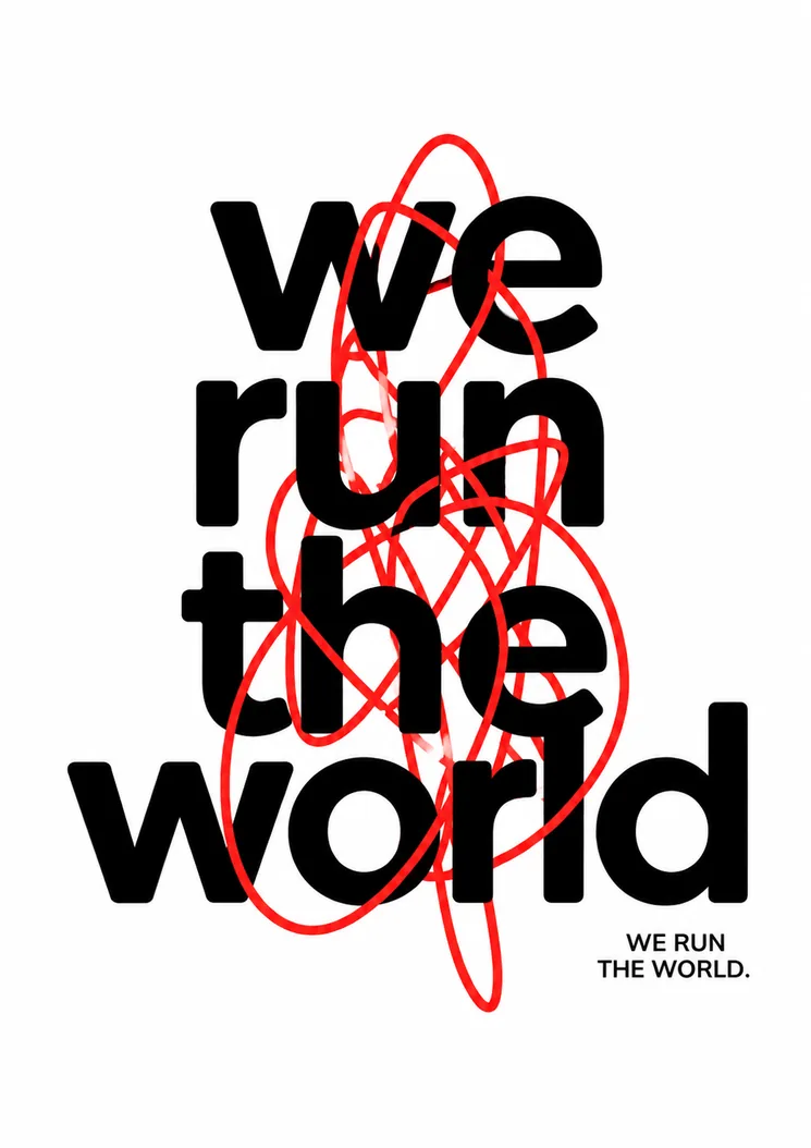 We Run the World wordmark with red scribble